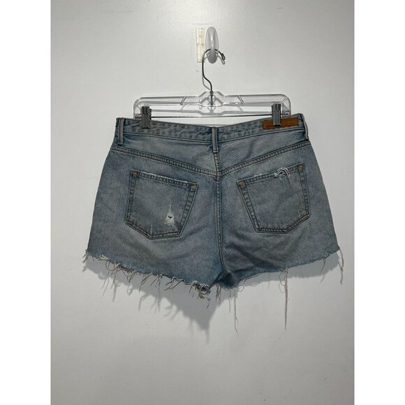 Grlfrnd Blue High-Waisted Distressed Denim Frayed Hems & Button Fly Women's Shor - Picture 3 of 10